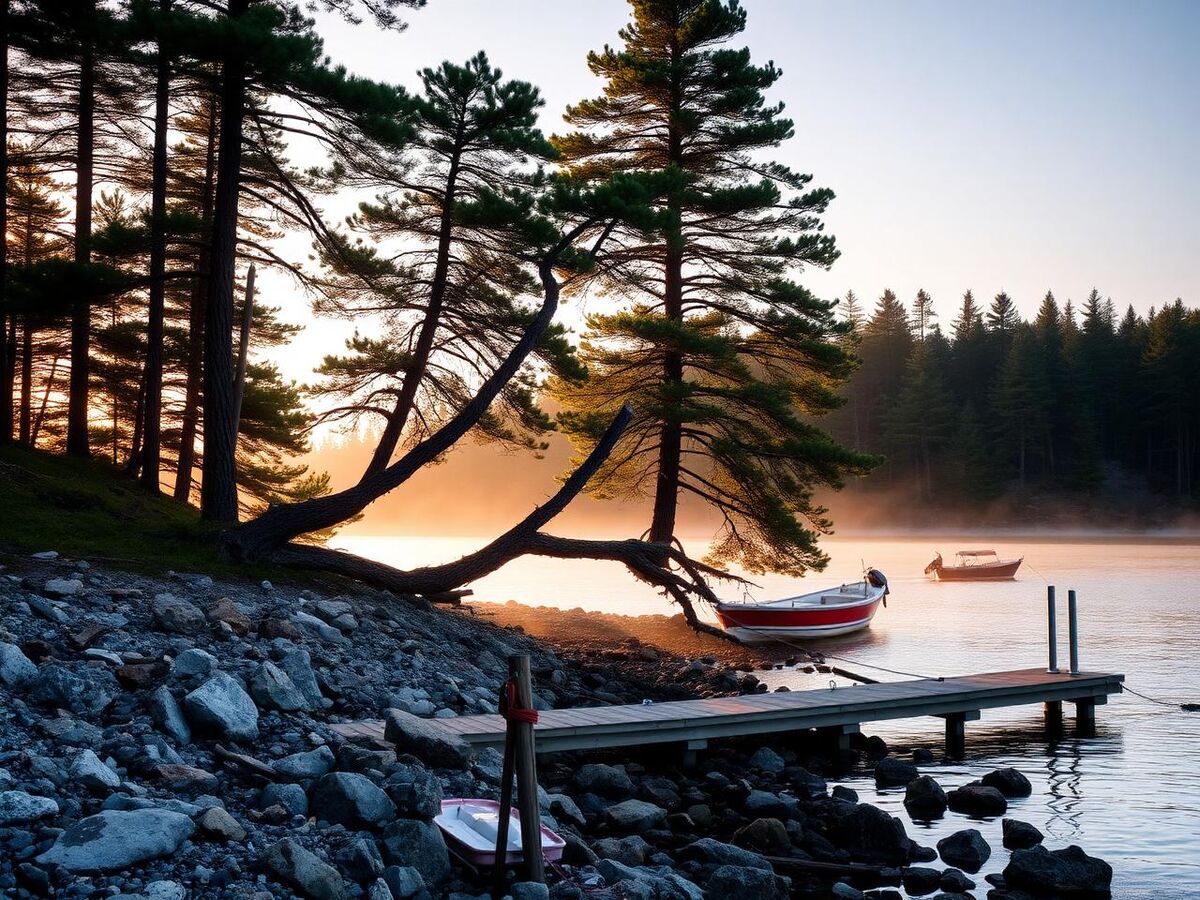 Maine cove lined with pine trees and a small dock at sunrise